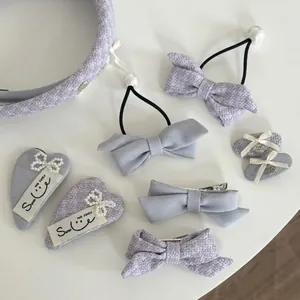 Schickes blau-violettes Tweed-Haarschmuck-Set mit Perlbögen und Haarbändern