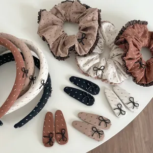 Vintage Fabric Hair Accessories Set Bow Knot Cotton Linen Headband Scrunchie Hair Clips For Women Daily Hair Styling Jewelry