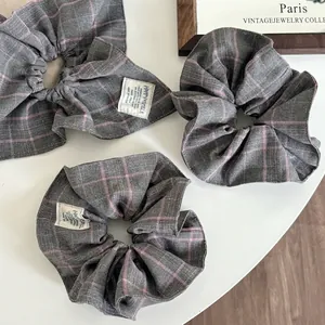 Women Plaid Fabric Scrunchies Gray Pink Checked Bow Hair Tie Fashion Elastic Hair Rope Ponytail Holder Stylish Hair Accessory