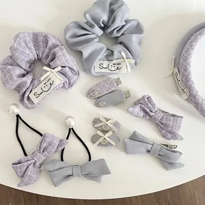 Frische Lila Blaue Tweed Stoff Schleife Haarspangen Süße Haargummi Stirnband Handgemachte Elegante Haarschmuck Für Damen Mädchen
