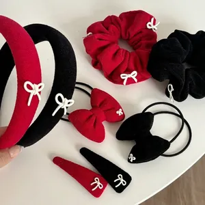 Handmade Fabric Red Black Bow Hair Clip Scrunchie Set Vintage Elegant Bowknot Hair Tie For Women Daily Hair Accessories