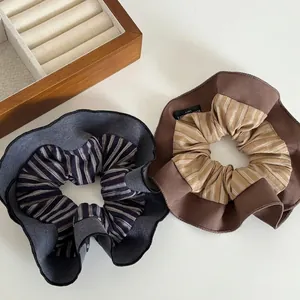French Vintage Fabric Striped Scrunchie Wide Brim Pleated Wood Ear Edge Large Hair Circle For Women Daily Commuter Hair Accessory