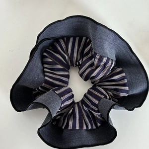 French vintage navy striped oversized scrunchie with layered ruffle edge hair accessory