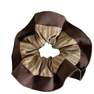 Navy striped scrunchie with French retro pleats and premium brown fabric patchwork