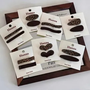 Vintage Leopard Print Acrylic Hair Clips Set Brown Color Matching Geometric Heart Oval Duckbill Side Bangs Clip For Women