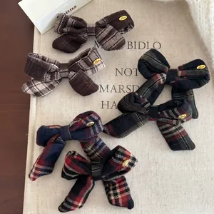 Plaid Fabric Bow Hair Clip Retro British Checkered Fringe Side Clip With Metal Love Tag For Women Student Accessories