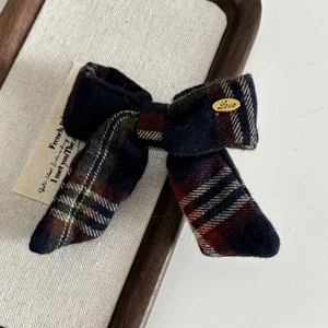 Classic plaid fabric bow hair clip with Love gold metal tag for girls and students