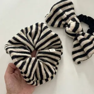 Handmade black and white striped knit hair scrunchie and bow tie hair accessories set