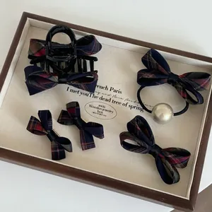 Navy Blue British Style Plaid Bow Hair Clip Classic Tartan Pattern Bowknot Claw Clip Preppy Fashion Hair Accessory For Women