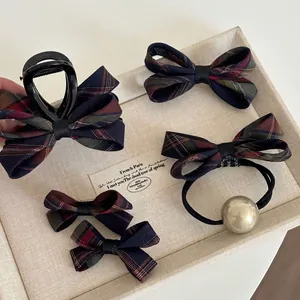 Navy blue plaid bow hair clip set with pearl elastic tie in classic British style