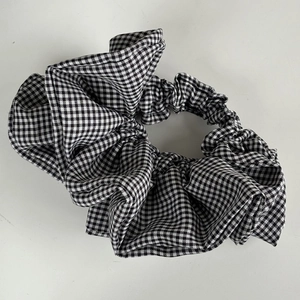 Handmade black and white gingham checkered scrunchie with pleated soft fabric design