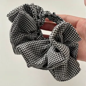 French Style Houndstooth Plaid Scrunchie For Women Large Ruffled Gingham Hair Tie Handmade Fabric Ponytail Holder Hair Accessories