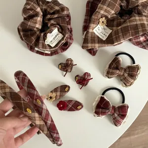 Vintage Plaid Woolen Hair Clip For Women Handmade Crochet Flower Khaki Checkered Hairpin Autumn Winter Hair Accessory
