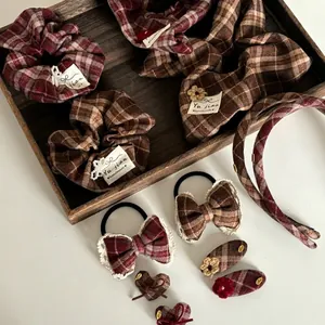 Retro red plaid hair accessories set including scrunchies, bows and headbands