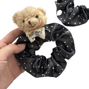 Chouchou ours en peluche en satin noir à pois blancs pour accessoires cheveux femme