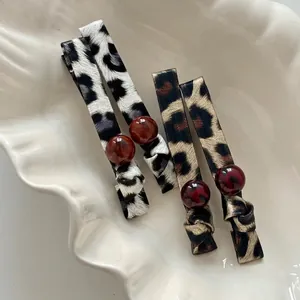 Vintage Leopard Print PU Leather Bow Hair Clip With Wine Red Artificial Pearl Trendy Geometric Handmade Barrette Women Hair Jewelry