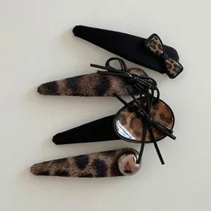 Vintage Leopard Print Hair Clip Collection Leather Fabric Bowknot Metal Ball Bangs Clip Hairpin For Women Daily Accessory
