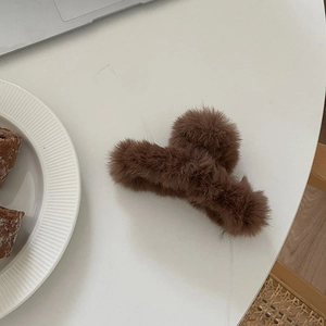 Chic dark brown plush claw clip for thick hair, fuzzy faux fur hair accessory in neutral tone