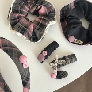 Vintage Women Pink Grey Plaid Button Hair Clip Sweet Fabric Bowknot Hairpin Checked Pattern Hair Accessory For Everyday