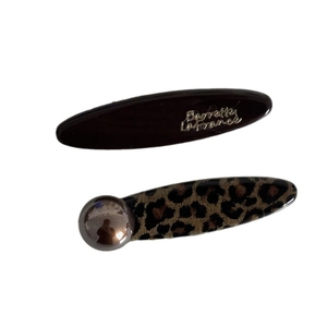 French leopard print hair clip set with golden lettering and metallic pearl detail
