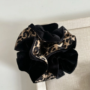 French velvet leopard print patchwork scrunchie with large bow design for women