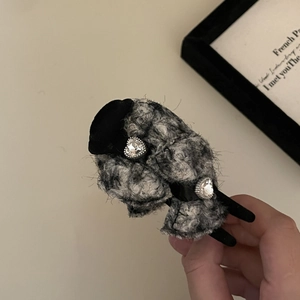 Cute black tweed hair clip for kids featuring elegant white rhinestone heart details