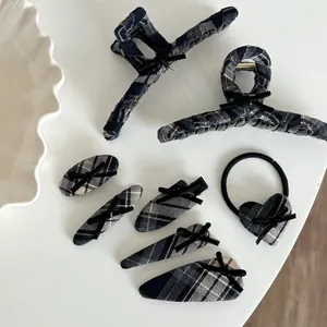 Preppy Plaid Fabric Hair Clips Sweet Bowknot Heart Hair Tie Vintage Academy Style Hair Claw Shark Clip For Women Daily Accessories