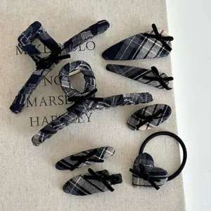Navy blue plaid hair clip set with velvet bows and heart scrunchie in preppy style