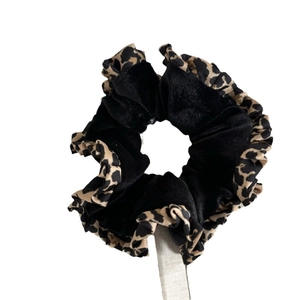 French velvet leopard print scrunchie with dual-layer ruffled design for women