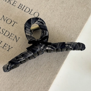 Blue plaid fabric claw clip with black velvet bow and gold metal spring for women