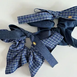 Vintage Denim Plaid Bow Scrunchies Hair Ties Set Metal Label Fabric Bowknot Ponytail Holder Headband For Women Hair Accessories