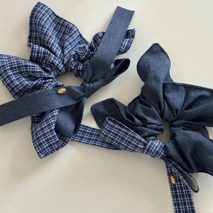 Blue vintage plaid and denim bow scrunchie set with gold love metal buckle detail