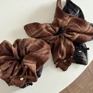 Retro Preppy Plaid Scrunchie With Bow Heart Pendant Vintage Fabric Hair Tie For Women Academic Style Hair Accessories Decor