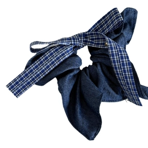 Vintage blue denim scrunchie with plaid bow and gold charm accessory for women
