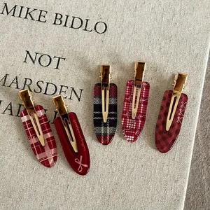 Vintage Plaid Bow Acetate Hair Clip No-Trace Makeup Duckbill Clip For Women Retro Red Checkered Bangs Clip Hair Accessories