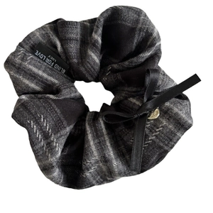 British style grey plaid scrunchie with a black ribbon bow and silver heart charm