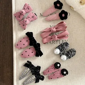 Barrettes à Cheveux en Tissu Style Coréen avec Nœud Papillon et Pois pour Femmes Doux Velours Côtelé Accessoires de Cheveux