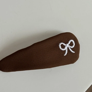 Vintage brown plaid hair clip with white embroidered bow, preppy style fabric accessory