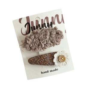 Handmade brown plush and tweed hair clip set with crochet flower and wooden button