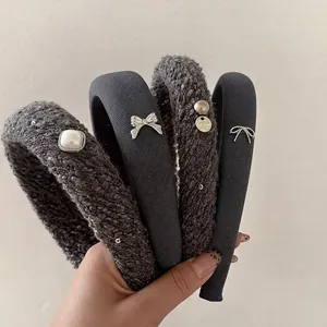 Serre-tête Élégant en Tissu Avec Nœud et Décor de Fausses Künstliche Perles Métal Rétro Gris Rayé pour Femmes Coiffure Automne Hiver