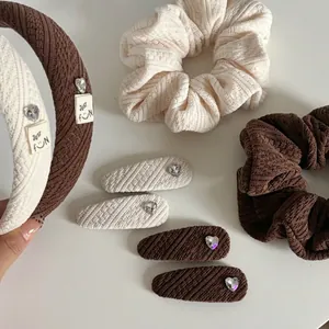 Ensemble serre-tête en tricot beige et marron avec strass en forme de cœur doux