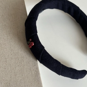 Japanese style navy blue fabric headband with cherry detail and handmade label