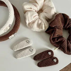 Barrette à Cheveux Nœud en Tricot Serre-tête Strass Cœur Chouchou Ensemble Tissu Doux Accessoires Cheveux Femmes