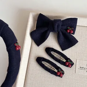 Japanese Style Navy Blue Cherry Fabric Hair Clip Bowknot Headband For Women Sweet Cute Red Cherry Hair Accessories Handmade