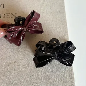 Mini Bowtie Hair Claw Clip PU Leather Shiny Patent Finish Wine Red Black Shark Clip Fashion Hair Accessories For Women