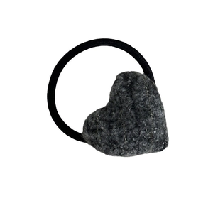 Elegant dark grey woolen heart hair tie with golden glitter threads on black elastic band