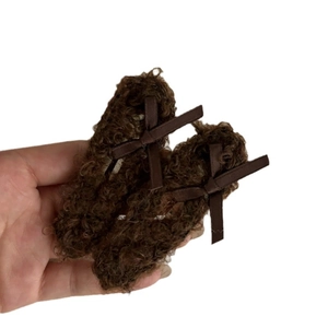 Pair of brown faux lamb wool hair clips with satin bows for autumn and winter styling
