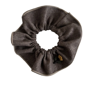Floral embroidery hair scrunchie made of premium dark brown twill fabric with yellow flower