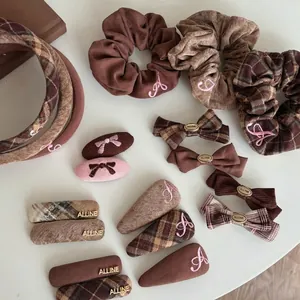 Vintage Plaid Argyle Hair Clip Bowknot Scrunchie Women Brown Pink Embroidery Headband Fabric Alloy Hair Accessories