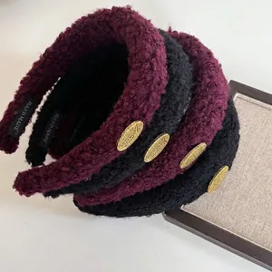Vintage Lammwolle Haarreif Für Damen Verdickter Burgunderroter Schwarzer Haarschmuck Mit Goldetikett Handgefertigt Elegant